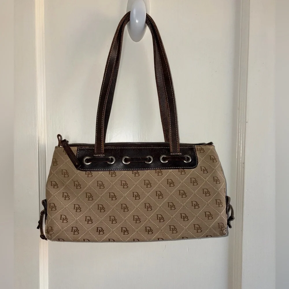 Dooney & Bourke Brown Signature Jacquard Canvas Black Tassel Shoulder Bag